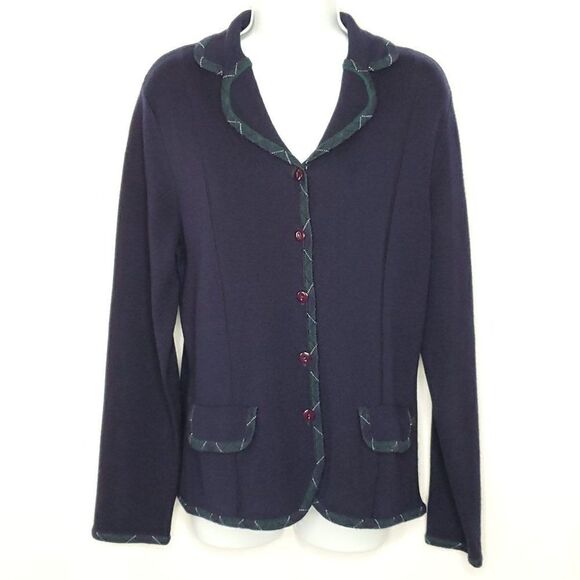 NEW Pendleton Cardigan Sz M Navy Green Plaid Trim Merino Wool 2 Front Pockets - Picture 1 of 5